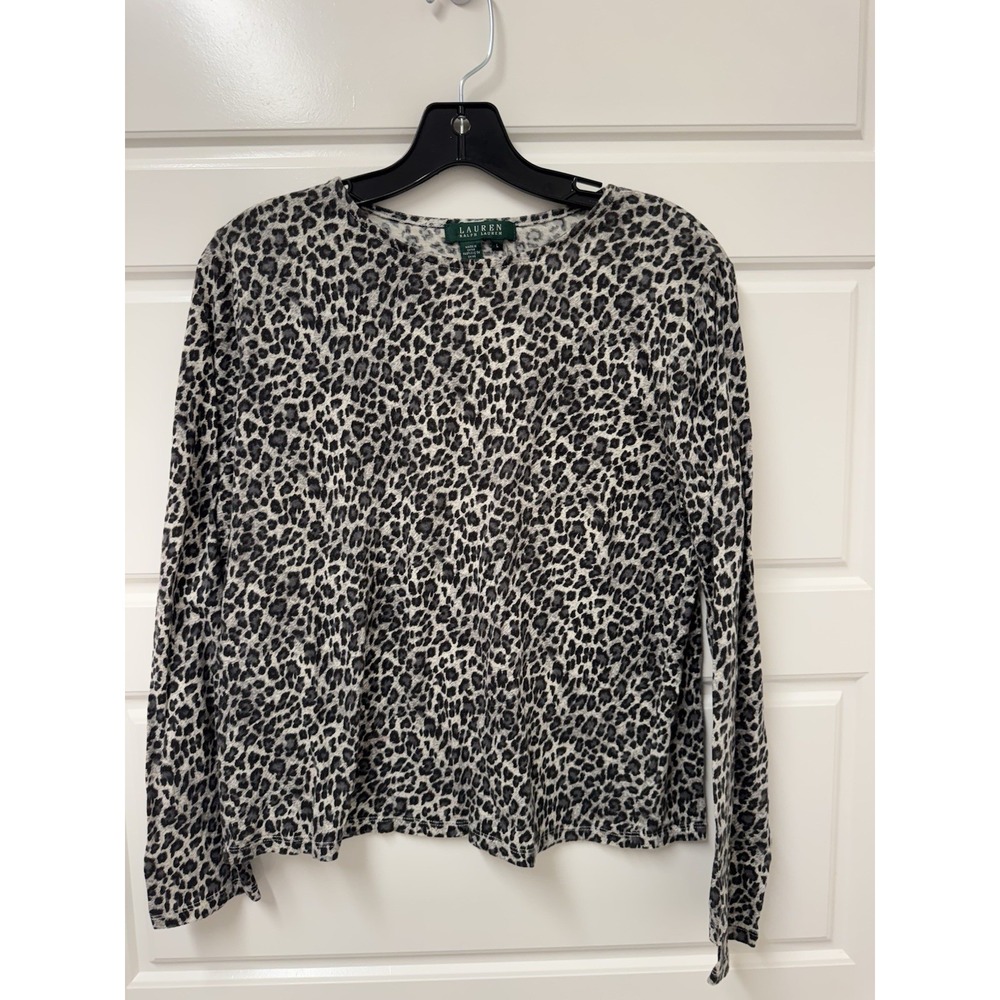 Lauren Ralph Lauren Women Gray Black Animal Print Cotton Blouse Top Large